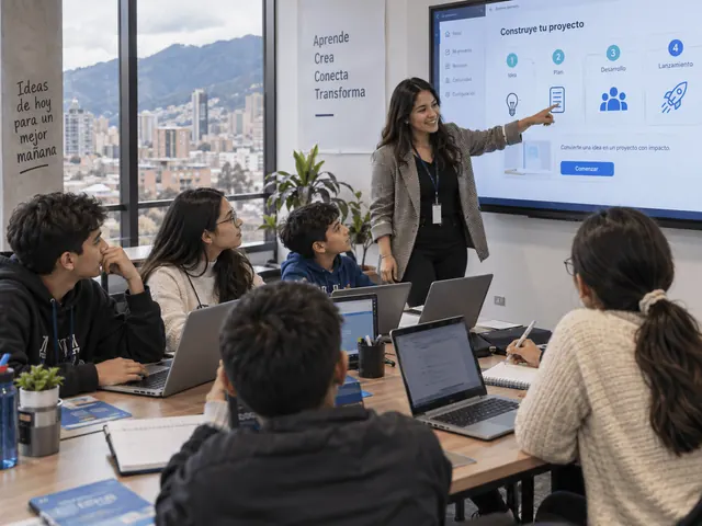 Instructora guiando un taller de tecnología con participantes. Escena ilustrativa.