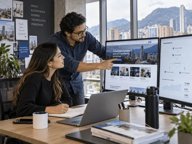 Dos personas revisando un diseño web y una campaña ilustrativa. Escena ilustrativa.