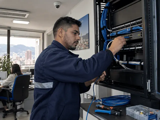 Técnico revisando conexiones en un rack de comunicaciones. Escena ilustrativa.