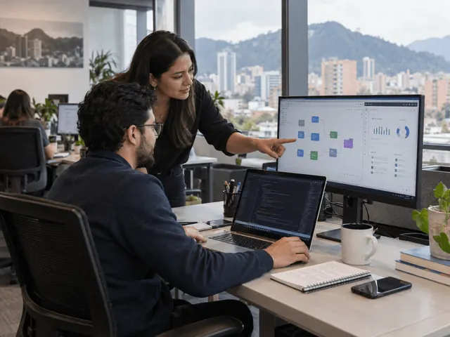 Dos profesionales revisando un flujo de automatización. Escena ilustrativa.