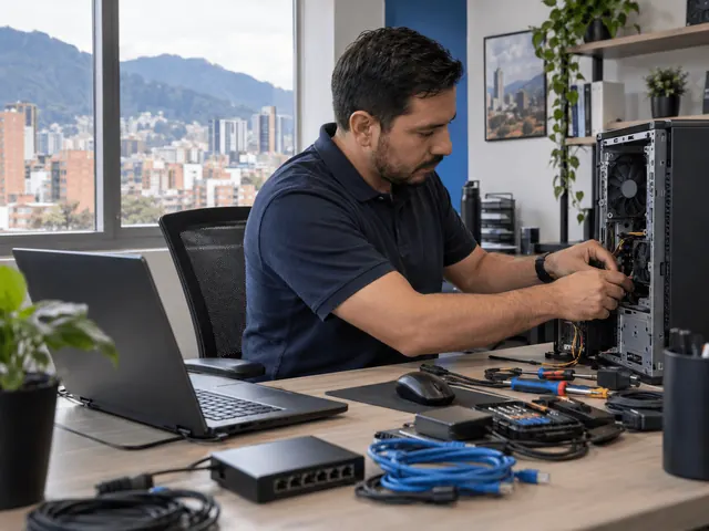 Técnico revisando los componentes de un computador. Escena ilustrativa.